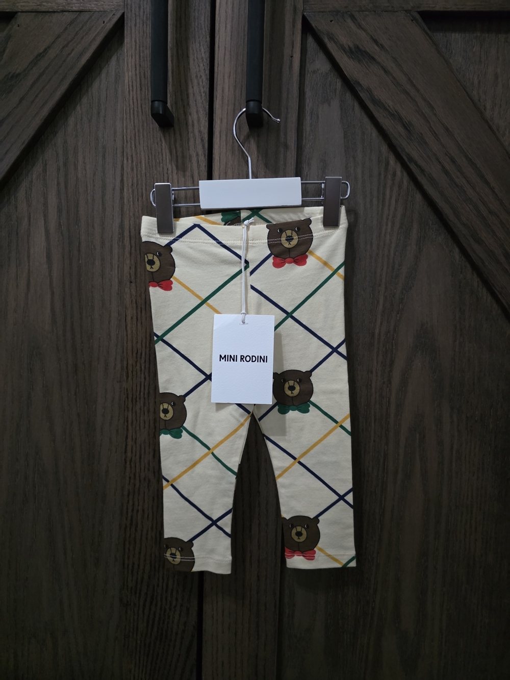 Mini Rodini Cream Argyle Bear Print Kids Leggings